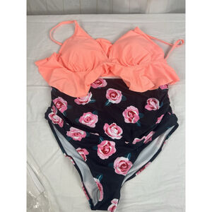 B Home Maternity 2 Piece Women's Swimsuit Set Floral Bottom With Peach Top NWT